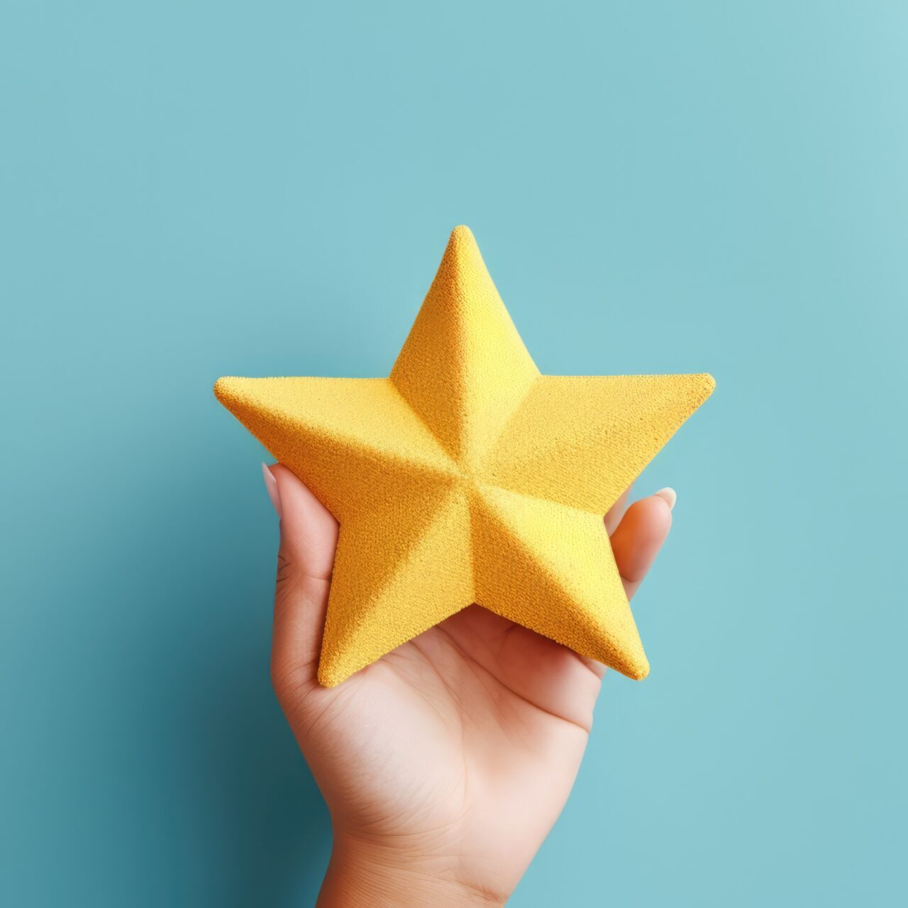 Woman's hand holds one star on a blue background. Customer Experience Concept. Service rating. Clients Choosing Satisfaction Rating.Customer Service, generative ai